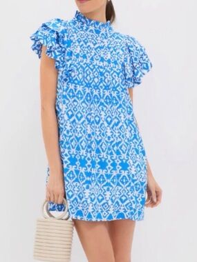 Hyacinth House Blue Patterned Ruffle-Sleeve Shift Dress
